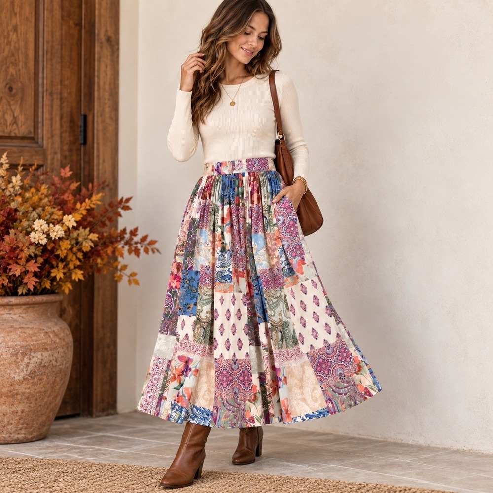 Chico's Size 0 S Maxi Skirt Patchwork Paisley Floral Boho Textured Flowy Pockets
